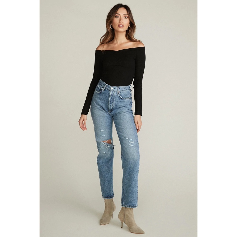 Belen Black Stella Ribbed Long Sleeve Off the Shoulder V-Neck Top EUC Size M - Picture 5 of 10